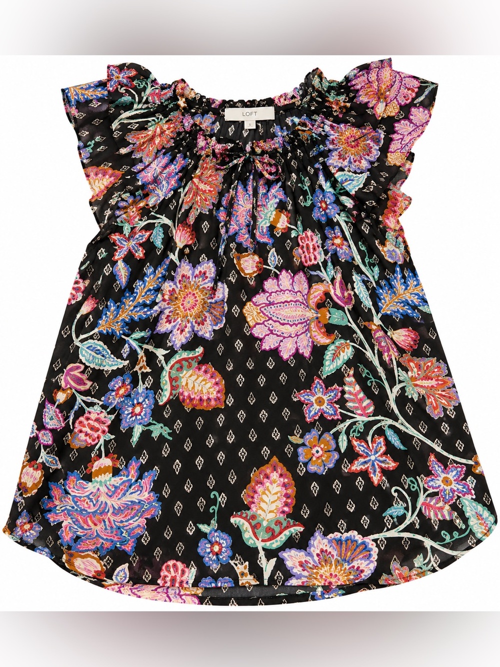 LOFT Black Floral Ruffle Cap-Sleeve Camisole with Multicolor Print
